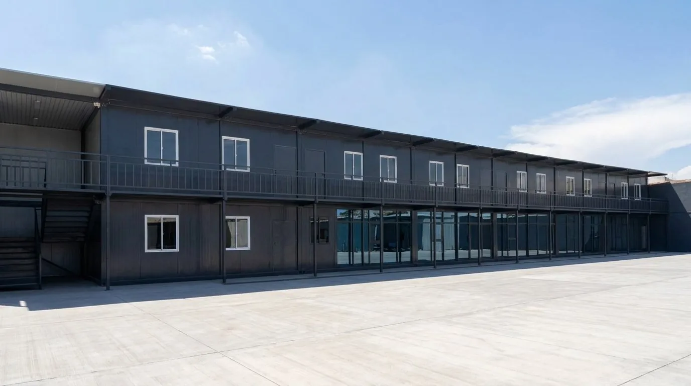 Edificio modular corporativo de dos niveles terminado con explanada — megacampus logístico